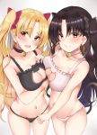  2girls ashino bangs bell black_bra black_choker black_hair black_nails black_panties black_ribbon blonde_hair blush bra breast_hold breast_press breasts cat_lingerie cat_tail cleavage closed_mouth collarbone commentary_request cowboy_shot earrings ereshkigal_(fate/grand_order) eyebrows_visible_through_hair fate/grand_order fate_(series) gradient gradient_background hair_ribbon hand_on_own_chest highres hoop_earrings ishtar_(fate/grand_order) jewelry jingle_bell long_hair looking_at_viewer medium_breasts meme_attire multiple_girls nail_polish navel open_mouth panties parted_bangs red_eyes red_ribbon ribbon simple_background smile standing symmetrical_docking tail two_side_up underwear underwear_only very_long_hair white_bra white_choker white_panties 
