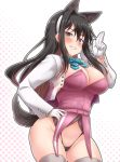  1girl animal_ears black_hair black_panties blue_eyes blush bow breasts dog_ears dog_tail gloves grin groin hairband hand_on_hip highleg highres jacket kantai_collection large_breasts long_hair looking_at_viewer multicolored multicolored_eyes multicolored_hair naganami_(kantai_collection) panties pink_hair salute smile solo tail thigh-highs underwear white_gloves yellow_eyes yoshi_tama 