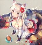  1girl 2018 all_fours animal_ears ass azur_lane bandage bangs bare_shoulders blush breasts cleavage collar deecha eyebrows floral_print flower food hair_flower hair_ornament highres japanese_clothes long_hair looking_at_viewer red_eyes sarashi signature silver_hair solo tail tassel white_legwear yuudachi_(azur_lane) 