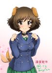  1girl absurdres afterimage akiyama_yukari animal_ears bangs blue_coat blue_jacket blush breasts brown_eyes brown_hair choker closed_mouth collar commentary_request diesel-turbo dog_ears dog_tail eyebrows_visible_through_hair floral_background girls_und_panzer gradient gradient_background green_skirt highres jacket kemonomimi_mode long_sleeves looking_at_viewer medium_breasts messy_hair military military_uniform nengajou new_year ooarai_school_uniform paw_pose pink_background pleated_skirt pocket school_uniform short_hair skirt smile solo standing tail tail_wagging translation_request twitter_username uniform upper_body w_arms winter_uniform year_of_the_dog 