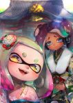  +_+ 2girls :d bag brown_hair cephalopod_eyes closed_mouth dark_skin day domino_mask fangs floral_print flower gradient_hair green_eyes green_hair green_kimono hair_flower hair_ornament hands_together headphones highres hime_(splatoon) holding holding_bag iida_(splatoon) japanese_clothes kashu_(hizake) kimono lens_flare long_hair long_sleeves looking_at_viewer mask medium_hair mole mole_under_mouth multicolored_hair multiple_girls obi octarian open_mouth outdoors own_hands_together pink_hair pink_kimono pink_pupils print_kimono print_obi red_flower sash short_eyebrows shrine smile sparkle splatoon splatoon_2 suction_cups sunlight tentacle_hair tree white_flower white_hair yellow_eyes 