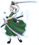  1girl bangs big_eyes black_footwear bow dress eyebrows_visible_through_hair green_bow green_dress green_neckwear hairband kinagi_yuu konpaku_youmu samurai simple_background solo sword touhou violet_eyes weapon white_background white_hair white_legwear 