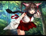  animal_ears black_eyes breasts brown_hair detached_sleeves geta highres open_mouth original scarf short_hair skirt sleeveless solo sugitaranpaku 