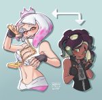 2girls a_pinch_of_vanilla artist_name bare_shoulders black_hair breasts cephalopod_eyes cleavage commentary dark_skin directional_arrow domino_mask fingerless_gloves gloves green_eyes green_hair highres inkling looking_at_viewer marina_(splatoon) mask microphone midriff mole mole_under_mouth multicolored_hair multiple_girls navel one_eye_closed open_mouth pantyhose pearl_(splatoon) pink_hair popped_collar sharp_teeth size_difference smile splatoon splatoon_2 takozonesu teeth tentacle_hair two-tone_hair watermark white_hair yellow_eyes zipper zipper_pull_tab