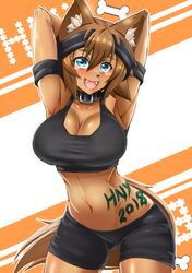  1girl 2018 :d absurdres animal_ears armpits arms_behind_head bike_shorts blue_eyes body_writing breasts brown_hair collar cowboy_shot dog_ears dog_girl dog_tail eyebrows_visible_through_hair fangs fur gluteal_fold hair_between_eyes headband highres kobold large_breasts midriff monster_musume_no_iru_nichijou navel open_mouth polt shirt short_hair smile solo sweatband tail tank_top taut_clothes taut_shirt toned virusotaku 