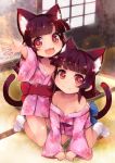  2girls all_fours animal_ears black_hair cat_ears cat_tail eyebrows_visible_through_hair fang indoors japanese_clothes kimono kneeling lillithlauda long_hair looking_at_viewer multiple_girls off_shoulder open_mouth original red_eyes siblings smile tail twins 