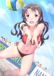  3girls 6+boys armband ball beach_volleyball bikini black_hair blue_sky clouds dutch_angle full_body highres idolmaster idolmaster_million_live! idolmaster_million_live!_theater_days light_rays long_hair multiple_boys multiple_girls outdoors red_eyes sand side-tie_bikini sky solo_focus soujin sports_bikini sunbeam sunlight swimsuit takayama_sayoko volleyball 