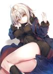  1girl ahoge ass bangs breasts commentary_request fal_maro fate/grand_order fate_(series) highres jacket jeanne_d&#039;arc_(alter)_(fate) jeanne_d&#039;arc_(fate)_(all) looking_at_viewer lying medium_breasts panties pantyshot short_hair silver_hair simple_background solo thigh-highs underwear white_background yellow_eyes 
