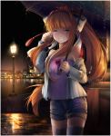  1girl bow brown_hair casual chemise commentary crying doki_doki_literature_club eyebrows_visible_through_hair hair_bow hair_intakes happy_tears long_hair making_of monika_(doki_doki_literature_club) night off_shoulder one_eye_closed rain shorts smile solo takuyarawr tears thigh-highs umbrella 