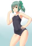  1girl 30-06 black_swimsuit bow competition_school_swimsuit cowboy_shot gradient gradient_background green_hair hair_bow hand_on_hip highres kantai_collection looking_at_viewer ponytail school_swimsuit solo standing swimsuit white_background yellow_eyes yuubari_(kantai_collection) 