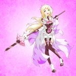  1girl :d black_gloves black_legwear blonde_hair detached_sleeves floating_hair full_body gloves hair_ornament highres holding holding_weapon long_hair looking_at_viewer miniskirt nogi_sonoko open_mouth polearm sakuria skirt smile solo spear standing very_long_hair weapon white_skirt yellow_eyes yuuki_yuuna_wa_yuusha_de_aru yuusha_de_aru 