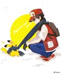  2018 :d artist_name atsumi_jun baseball_cap black_gloves blue_pants blue_scarf brown_eyes brown_hair commentary_request english from_side gloves happy_new_year hat jacket looking_down new_year open_clothes open_jacket open_mouth pants pikachu pokemon pokemon_(game) pokemon_rgby profile red_(pokemon) red_(pokemon)_(classic) red_footwear scarf shared_scarf shoes short_sleeves smile snow snowing sparks squatting 