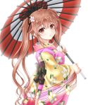  1girl alternate_costume amou_yuu brown_eyes floral_print flower graphite_(medium) hair_flower hair_ornament hair_ribbon happy_new_year highres japanese_clothes kantai_collection kimono light_brown_hair long_hair long_sleeves mechanical_pencil murasame_(kantai_collection) nengajou new_year obi oriental_umbrella pencil ribbon sash solo traditional_media twintails umbrella white_background wide_sleeves 