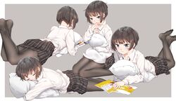  1girl ass black_hair black_legwear blue_eyes bob_cut closed_eyes commentary_request fangxiang_cuoluan looking_at_viewer lying magazine necktie on_stomach original pantyhose pillow school_uniform short_hair solo 