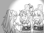  3girls ahoge bound chained chains closed_eyes commentary crying eating flying_sweatdrops food greyscale guin_guin hair_flaps hair_ornament hairclip kantai_collection lock long_hair monochrome multiple_girls neckerchief remodel_(kantai_collection) sailor_collar school_uniform serafuku shigure_(kantai_collection) tied_up yamakaze_(kantai_collection) yuudachi_(kantai_collection) 