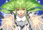  1girl :d bangs blue_background blurry blush breasts c.c. code_geass creayus depth_of_field eyebrows_visible_through_hair foreshortening green_hair hair_between_eyes long_hair long_sleeves looking_at_viewer medium_breasts open_mouth outstretched_arms palms reaching_out robe shiny shiny_hair smile solo spread_fingers straight_hair thigh_gap tsurime very_long_hair wide_sleeves yellow_eyes 