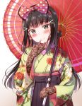  1girl bangs black_gloves black_hair black_hakama blush bow commentary_request earrings floral_print flower_earrings gloves green_kimono hair_bow hair_ornament hairband hairclip hakama hand_to_own_mouth holding holding_umbrella japanese_clothes jewelry kimono kurosawa_dia lace lace-trimmed_bow lace_gloves long_hair looking_at_viewer love_live! love_live!_sunshine!! mole mole_under_mouth oriental_umbrella polka_dot polka_dot_bow red_bow red_umbrella smile solo tipii umbrella 