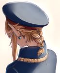  1boy blonde_hair braid from_behind hat link long_hair male_focus military military_hat military_uniform neck otton simple_background solo the_legend_of_zelda the_legend_of_zelda:_breath_of_the_wild uniform 