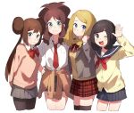  4girls :3 ;) ;d alternate_costume arm_up arms_behind_back black_hair black_legwear black_skirt blazer blonde_hair blue_eyes blue_skirt blush bow brown_hair brown_jacket cardigan closed_mouth clothes_around_waist collared_shirt cropped_legs double_bun grey_jacket hand_on_hip jacket jacket_around_waist long_hair long_sleeves looking_at_viewer mei_(pokemon) miniskirt mizuki_(pokemon_sm) multiple_girls neckerchief necktie one_eye_closed open_blazer open_clothes open_jacket open_mouth pantyhose pink_sweater plaid plaid_skirt pleated_skirt pokemon pokemon_(game) pokemon_bw pokemon_bw2 pokemon_sm pokemon_xy ponytail red_bow red_neckwear red_skirt sailor_collar school_uniform serena_(pokemon) shirt short_hair sidelocks simple_background skirt smile standing sweater sweater_around_waist tareme thigh-highs touko_(pokemon) twintails unapoppo unbuttoned white_background white_shirt wing_collar yellow_jacket zettai_ryouiki 