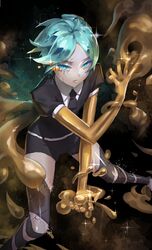  androgynous aqua_eyes aqua_hair crack gem_uniform_(houseki_no_kuni) gold golden_arms highres houseki_no_kuni karesuki looking_at_viewer necktie phosphophyllite short_hair shorts solo sparkle uniform 