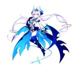  1girl blue_bow blue_eyes blue_footwear blue_legwear blue_wings boots bow bridal_gauntlets detached_sleeves elsword floating full_body horns hwansang knee_boots leotard long_hair looking_at_viewer luciela_r._sourcream noblesse_(elsword) official_art pointy_ears smile solo thigh-highs tiara twintails very_long_hair white_hair white_leotard wings 