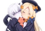  2girls ^_^ abigail_williams_(fate/grand_order) bangs black_bow black_dress black_hat blonde_hair bow closed_eyes closed_mouth commentary_request dress fate/grand_order fate_(series) forehead hair_between_eyes hair_bow hat horn hug lavinia_whateley_(fate/grand_order) long_sleeves looking_to_the_side multiple_girls object_hug orange_bow pale_skin parted_bangs parted_lips polka_dot polka_dot_bow simple_background sleeves_past_wrists smile stuffed_animal stuffed_toy tanabe_(studio_tiamat) teddy_bear violet_eyes white_background white_hair wide-eyed 