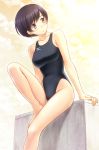  1girl arms_at_sides bangs bare_arms bare_legs bare_shoulders black_swimsuit blush closed_mouth clouds cloudy_sky collarbone competition_swimsuit day expressionless groin highleg highleg_swimsuit highres kuri_(kurigohan) one-piece_swimsuit original outdoors purple_hair short_hair sitting sky solo sunlight swimsuit tareme thighs violet_eyes yellow_sky 