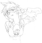  1girl adjusting_eyewear bangs bodysuit bomber_jacket breasts closed_mouth collarbone facing_viewer fronttire gloves goggles jacket looking_away monochrome overwatch popped_collar short_hair simple_background small_breasts smile solo spiky_hair tegaki tongue tongue_out tracer_(overwatch) upper_body vambraces white_background 