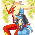  1boy 1girl animal_ears beak bird_girl bird_tail black_fur blaziken blonde_hair blue_eyes blue_fur body_fur claws closed_mouth colored_sclera commentary_request crossed_arms eye_contact eyelashes from_side frown furrowed_brow furry gen_3_pokemon gen_4_pokemon hand_up leaf long_hair looking_at_another looking_down looking_up lucario nervous open_mouth paws plant pokemon pokemon_(creature) profile red_eyes red_fur sideways_mouth snout spikes standing sweat tail wavy_mouth white_background wolf_boy wolf_ears wolf_tail yellow_fur yellow_sclera zakro 