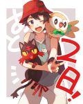  1boy 1girl :d ;d backpack bag bangs bare_arms bare_shoulders bird black_eyes black_hair blue_shirt bright_pupils cat creature_on_shoulder fangs hat highres holding legs_apart litten looking_at_viewer male_focus on_shoulder one_eye_closed open_mouth outstretched_arm owl pants pokemon pokemon_(creature) pokemon_(game) pokemon_ultra_sm red_eyes red_hat red_ribbon ribbon rowlet shirt sleeveless sleeveless_shirt smile solo standing unapoppo v white_pants wristband yellow_sclera you_(pokemon_ultra_sm) 