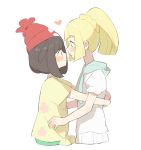  2girls beanie black_hair blonde_hair blush eye_contact from_side green_eyes hat heart hug lillie_(pokemon) long_hair looking_at_another mizuki_(pokemon_sm) multiple_girls parted_lips pleated_skirt pokemon pokemon_(game) pokemon_sm ponytail profile puffy_short_sleeves puffy_sleeves red_hat shirt short_hair short_sleeves sidelocks simple_background skirt tareme tied_shirt unapoppo upper_body white_background white_shirt white_skirt yellow_shirt yuri 