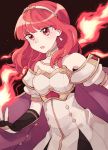  1girl bare_shoulders black_background breasts cape celica_(fire_emblem) cleavage detached_collar dress dutch_angle earrings fingerless_gloves fire fire_emblem fire_emblem_echoes:_mou_hitori_no_eiyuuou gloves hairband highres jewelry long_hair medium_breasts open_mouth red_eyes redhead simple_background sisuko1016 solo upper_body 