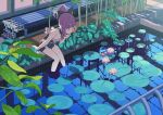  1girl bangs bent_over black_bow blunt_bangs bow butterfly eyebrows_visible_through_hair finger_to_mouth flower hair_bow highres hip_vent horns iwato1712 lily_pad original pipes plant pointy_ears ponytail pool purple_hair reflection short_shorts shorts sitting soaking_feet solo tree valve violet_eyes wading 