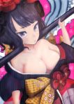  1girl artist_request bare_shoulders black_hair blue_eyes breasts cleavage dress fate/grand_order fate_(series) flower hair_flower hair_ornament hairpin japanese_clothes katsushika_hokusai_(fate/grand_order) kimono looking_at_viewer medium_breasts off-shoulder_dress off_shoulder short_hair solo 