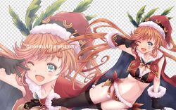  1girl aqua_eyes black_gloves black_legwear blush breasts brown_hair cape christmas clarisse_(granblue_fantasy) gloves granblue_fantasy green_eyes hat highres kannagi_kaname long_hair navel one_eye_closed orange_hair ponytail santa_hat sleeveless solo thigh-highs v 