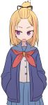  1girl bangs_pinned_back blonde_hair blue_jacket blue_sailor_collar blue_skirt blush_stickers commentary flip_flappers forehead hands_in_sleeves highres jacket long_sleeves multicolored_hair neckerchief open_mouth pleated_skirt red_neckwear sailor_collar school_uniform serafuku shirt short_hair simple_background skirt solo streaked_hair sumiyao_(amam) topknot upper_body violet_eyes white_background white_shirt yayaka 