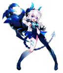  1girl :d asymmetrical_clothes blue_eyes claws diabla_(elsword) elsword full_body highres horns hwansang long_hair looking_at_viewer luciela_r._sourcream official_art open_mouth pointy_ears shaded_face single_pantsleg smile solo standing tail thick_eyebrows white_hair 
