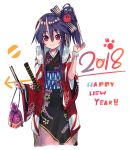  1girl 2018 bow cropped_legs eyebrows_visible_through_hair fan floral_print flower fur_trim furisode hair_bow hair_flower hair_ornament happy_new_year highres hoshino_(illyasviel) japanese_clothes katana kimono long_hair looking_at_viewer new_year obi original paw_print pouch purple_hair red_eyes sash scrunchie sheath sheathed side_ponytail sidelocks smile solo sword text weapon white_background wide_sleeves 