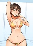  1girl bikini breasts brown_eyes brown_hair cleavage cowboy_shot flipped_hair groin honda_mio idolmaster idolmaster_cinderella_girls looking_at_viewer lowleg lowleg_bikini medium_breasts nac000 navel short_hair solo standing swimsuit yellow_bikini 