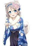  1girl :d animal_ears bangs blue_eyes brown_hair dog_ears eyebrows_visible_through_hair floral_print flower hair_flower hair_ornament hairband hairclip hairpin japanese_clothes kimono love_live! love_live!_sunshine!! new_year open_mouth short_hair simple_background smile solo suzume_miku tail watanabe_you 