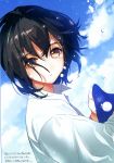  1girl :o absurdres black_hair blue_sky clouds cloudy_sky collared_shirt dutch_angle eyebrows_visible_through_hair from_side highres long_sleeves looking_at_viewer looking_to_the_side ogino_atsuki original outdoors parted_lips scan shirt short_hair sky solo tears upper_body violet_eyes water_drop white_shirt wing_collar 