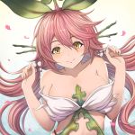  1girl bare_shoulders breasts clenched_hands granblue_fantasy hair_ornament highres leaf leaf_on_head long_hair medium_breasts pink_hair quad_tails smile solo tree upper_body yellow_eyes yggdrasill_(granblue_fantasy) yuki7128 