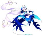  1girl absurdres blue_bow blue_eyes blue_footwear blue_legwear blue_wings boots bow elsword floating full_body gloves highres horns hwansang knee_boots long_hair luciela_r._sourcream noblesse_(elsword) official_art smile solo tail thigh-highs tiara twintails very_long_hair white_hair wings 
