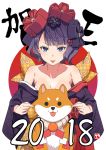  1girl bare_shoulders black_hair blue_eyes breasts cheek_pinching commentary_request dog fate/grand_order fate_(series) flower hair_flower hair_ornament hairpin happy_new_year japanese_clothes katsushika_hokusai_(fate/grand_order) kimono looking_at_viewer medium_breasts new_year off_shoulder pinching short_hair solo translated yamazaki_(now_printing) 