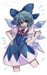  1girl :d artist_name asuku_(69-1-31) bangs bare_arms blue_bow blue_dress blue_eyes blue_hair blush bow cirno contrapposto cropped_legs dress eyebrows eyebrows_visible_through_hair facing_away fairy flat_chest hair_between_eyes hair_bow hand_on_hip ice ice_wings legs_apart looking_at_viewer open_mouth pixiv_id puffy_short_sleeves puffy_sleeves red_ribbon ribbon shirt short_hair short_sleeves simple_background smile solo standing tongue touhou undershirt white_background white_shirt wings 