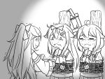  3girls ahoge bound chained chains closed_eyes commentary eating flying_sweatdrops food greyscale guin_guin hair_flaps hair_ornament hairclip kantai_collection lock long_hair monochrome multiple_girls neckerchief remodel_(kantai_collection) sailor_collar school_uniform serafuku shigure_(kantai_collection) tied_up yamakaze_(kantai_collection) yuudachi_(kantai_collection) 