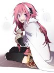  1boy armor astolfo_(fate) azumada black_bow black_legwear black_ribbon blush bow cape commentary_request fang fate/apocrypha fate_(series) garter_straps gauntlets hair_down hair_intakes hair_ribbon highres holding holding_hair long_sleeves looking_at_viewer multicolored_hair onomatopoeia open_mouth pink_hair ribbon skirt solo streaked_hair thigh-highs trap violet_eyes wet white_cape 