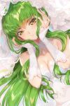  1girl bangs bare_shoulders breasts bridal_veil brown_eyes c.c. cleavage code_geass cover cover_page creayus detached_collar dress dutch_angle eyebrows_visible_through_hair green_hair hands_on_own_cheeks hands_on_own_face jewelry long_sleeves medium_breasts parted_lips ring sidelocks solo upper_body veil wedding_dress wedding_ring white_dress 
