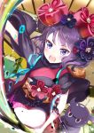  1girl black_hair blue_eyes calligraphy calligraphy_brush fate/grand_order fate_(series) flower hair_flower hair_ornament hairpin ink japanese_clothes katsushika_hokusai_(fate/grand_order) keepout kimono octopus open_mouth paintbrush rainbow solo sparkle 