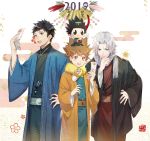  2019 3boys :d anger_vein black_eyes black_hair brown_eyes chibi chibi_on_head ekita_xuan floral_background fur_trim gokudera_hayato hand_on_hip hand_on_own_chin haori highres holding japanese_clothes katekyo_hitman_reborn long_sleeves male_focus multiple_boys omikuji on_head open_mouth raised_eyebrows sash sawada_tsunayoshi signature smile spiky_hair standing wide_sleeves yamamoto_takeshi 